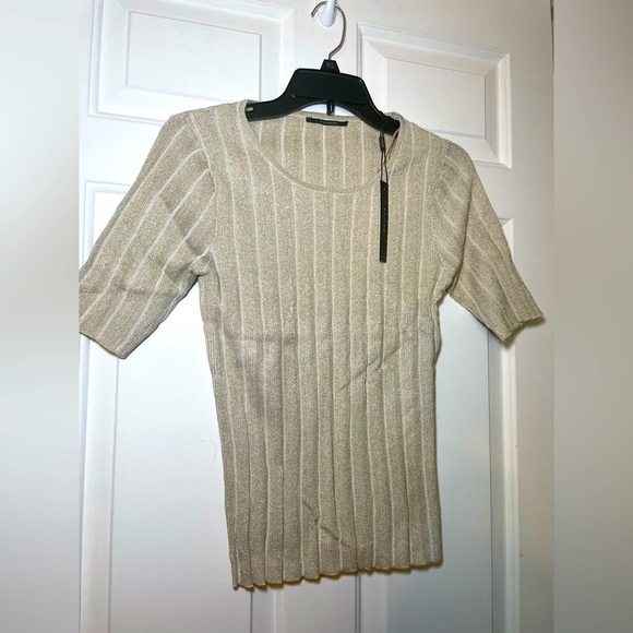 T TAHARI Womans Metallic Ribbed Short Sleeve Sweater Small P Gold Silver Shimmer - Picture 1 of 10